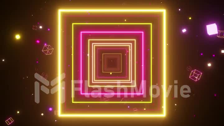 An endless tunnel of luminous multicolored neon squares for music videos, night clubs, LED screens, projection show, video mapping, audiovisual performance, fashion events. Seamless loop 3d render