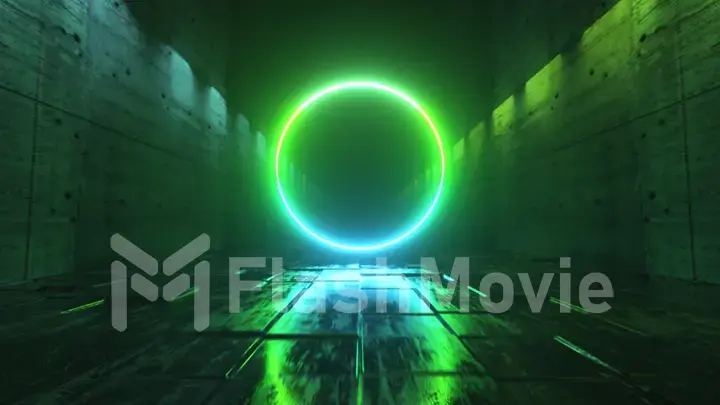 Endless flight in a futuristic dark corridor with neon lighting. A bright neon circle in front. 3d illustration