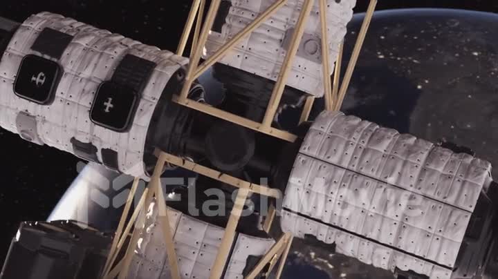 Space concept. Close-up of the surface of the spacecraft. Flight of the ISS over the atmosphere of the globe. Universe