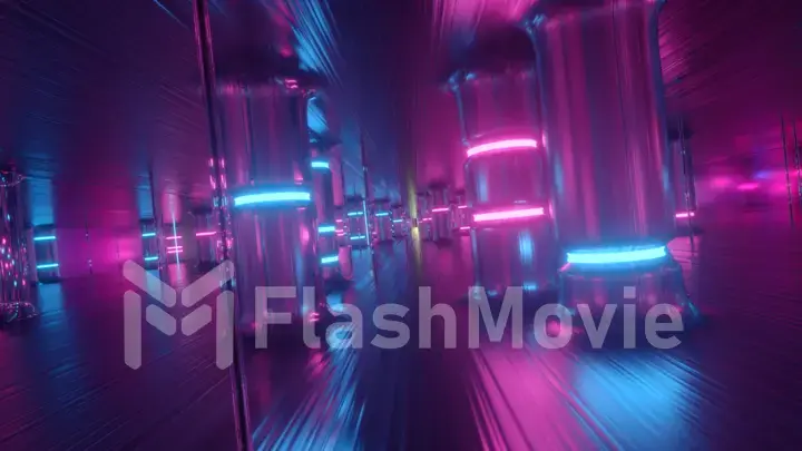 Fly through a futuristic corridor along neon glass pillars and columns. Modern ultraviolet neon glow. 3d illustration