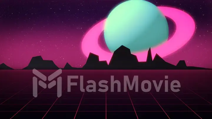 Retro futuristic background with planet Jupiter style of 1980s 3d illustration.