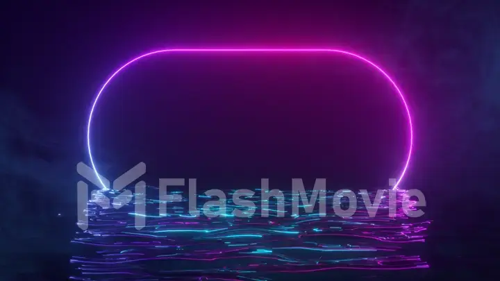 A bright neon frame shimmers with a neon spectrum of light in the water. Smoky background. 3d illustration