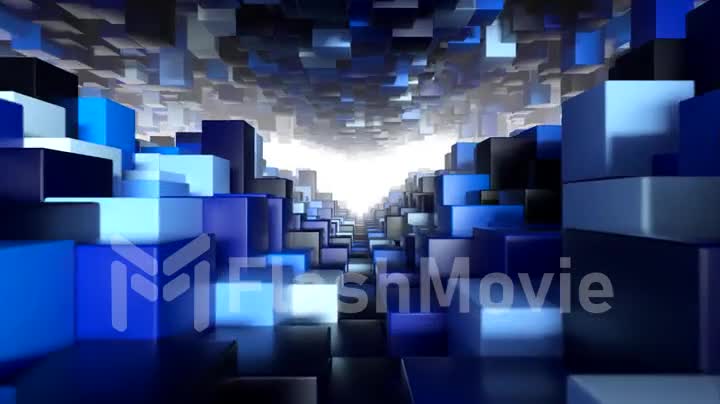Abstract geometric tunnel made of blue cubes with random movement. Seamless loop 3d render