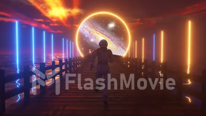 Astranaut runs along the endless wooden bridge across the ocean to his dream. Space circle with neon lighting ahead. 3d illustration