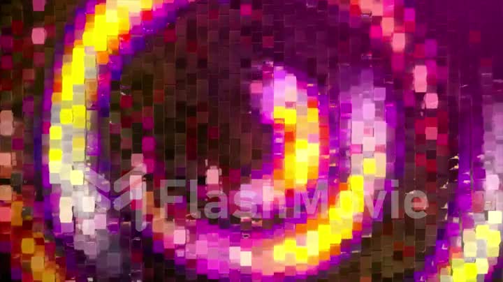 Abstract swirl of neon pixels moves counterclockwise. Pink yellow color. 3d animation of seamless loop