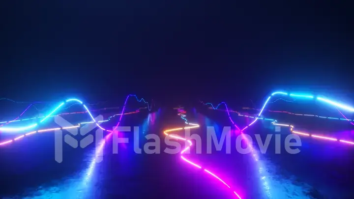 Flying over a colorful bright neon glowing graphic equalizer. World of music. Ultraviolet signal spectrum, laser show, energy, sound vibrations and waves.