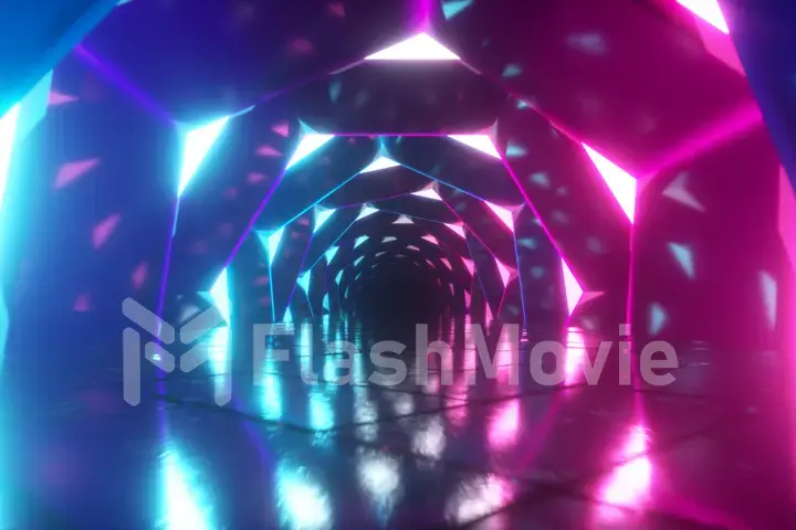 Flying through a luminous neon corridor of swirling hexagons. Blue red pink purple spectrum, fluorescent ultraviolet light in the tunnel, modern colorful lighting, 3d illustration