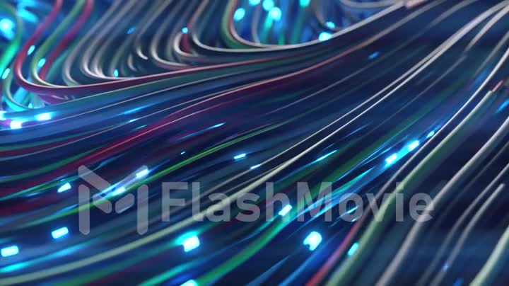 Bundles of abstract optical fiber lines. Bright light signals quickly transmit data for high speed internet connection. Technology and internet concept. 3d render