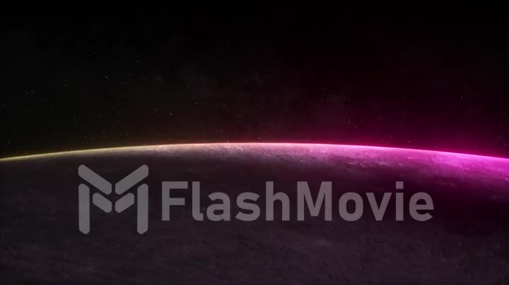 Fantastic neon sunrise on the moon from space. The rotation of the moon. Modern ultraviolet lighting. Yellow purple light spectrum. Stars and space. 3d animation