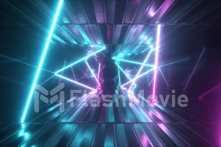 3d illustration, abstract metallic texture virtual reality tunnel. Futuristic motion graphic. Ultra violet neon light glow, fluorescent light. Flying forward corridor.