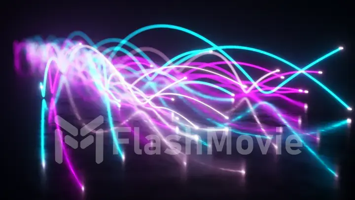Spread of blue and violet neon fiber wires in space above the surface. The movement of the camera behind the wires. Dissemination and transmission of information in the digital world. 3d illustration