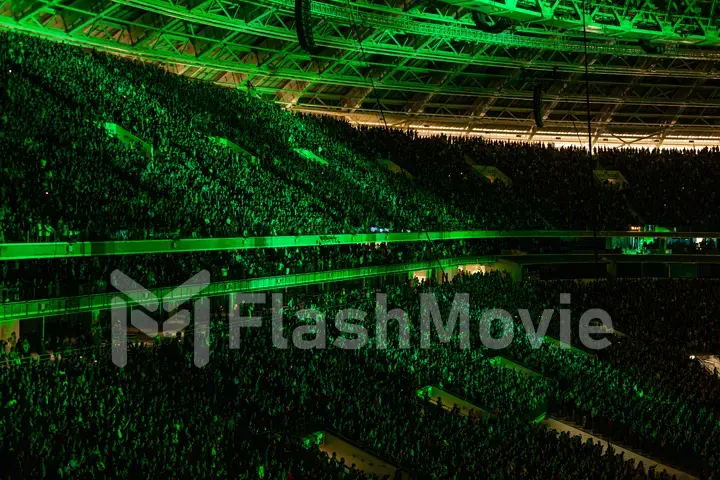 MOSCOW, RUSSIA - JULY 29, 2019: Rammstein group fire concert at Luzhniki Stadium. Crowds of fans gathered at a rock concert of their favorite metal band.