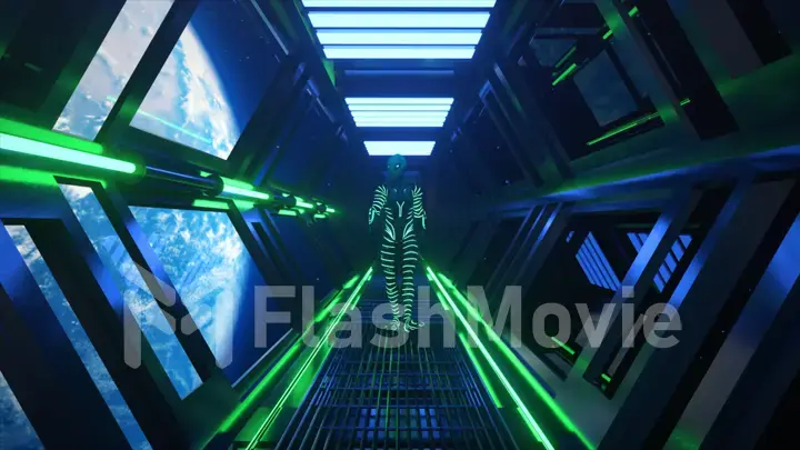 Space concept. An alien in a neon shiny suit is walking through the tunnel in a spaceship. View from the window