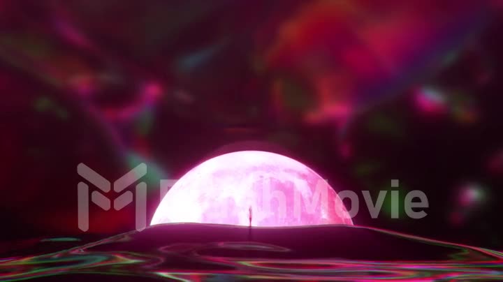 The diamond tree blossoms against the backdrop of the moon. Pink neon color. 3d animation