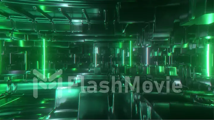 Flying in a technological abstract space with luminous neon tubes. Cyberpunk style. Modern green spectrum of light. 3d illustration