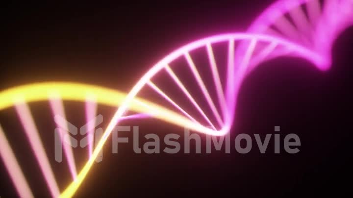 Rotating neon dna chain. Fluorescent ultraviolet lights. Sci-fi style. Modern neon yellow purple light spectrum. 3D render seamless loop animation 4k UHD
