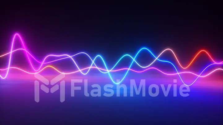 Colorful bright neon glowing graphic equalizer. Ultraviolet signal spectrum, laser show, energy, sound vibrations and waves. 3d illustration