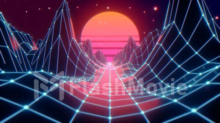 Retro futuristic flight in space with a polygonal mesh on the generated hills and floor. Concept 80s 90s. Fantastic abstract neon background. 3d illustration