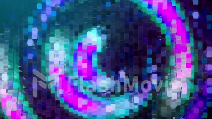 Abstract swirl of neon pixels moves counterclockwise. Blue pink color. 3d animation of seamless loop