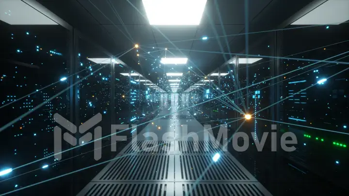 Digital information travels through fiber optic cables through the network and data servers behind glass panels in the server room of the data center. High speed digital lines. 3d illustration