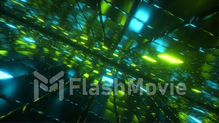 Abstract flying in endless space of neon and metal cubes. Modern blue green color spectrum of light. 3d illustration