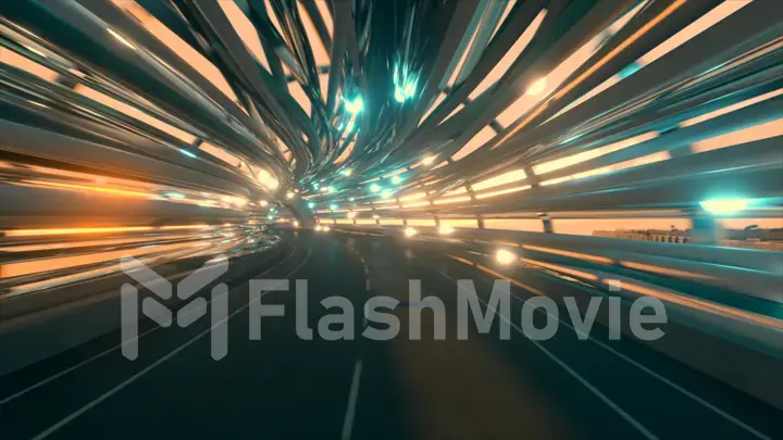 Flying in a futuristic fiber optic tunnel with a road. Future technologies concept. Business background. Pleasant natural lighting. 3d illustration