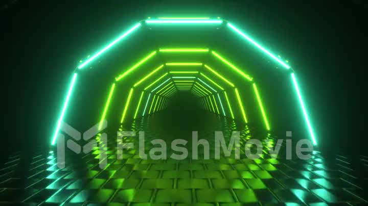 Flight through hexagonal corridor, glowing tunnel, green blue neon light, abstract background, 80's retro style, pop music stage, fashion podium. Seamless loop 3d render