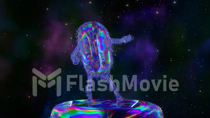 Hairy diamond capsule dances on a platform against the backdrop of space. Blue neon color. 3d illustration