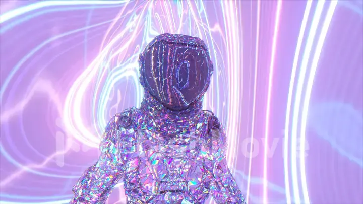 The concept of space. Astronaut in a diamond suit on a background of pink and blue glowing neon lines. 3d illustration