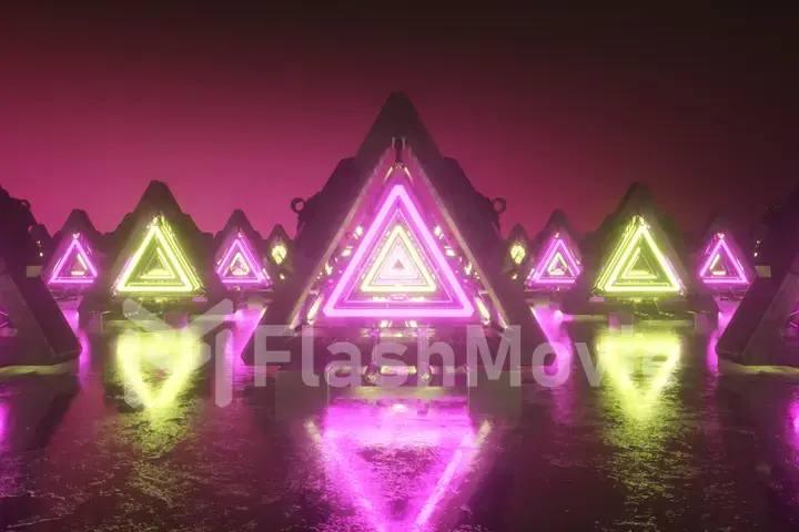 Abstract flying in metal futuristic corridor with triangles, fluorescent ultraviolet light, laser neon lines, geometric endless tunnel, yellow pink spectrum, 3d illustration