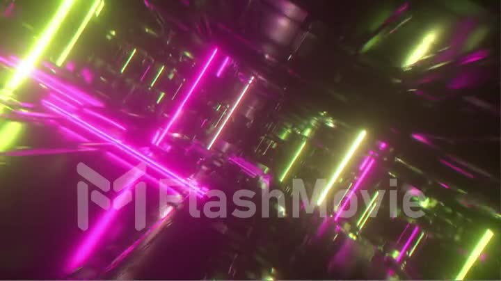 Flying in a technological abstract space with luminous neon tubes. Cyberpunk style. Modern ultraviolet spectrum of light. Yellow purple color. Seamless loop 3d render