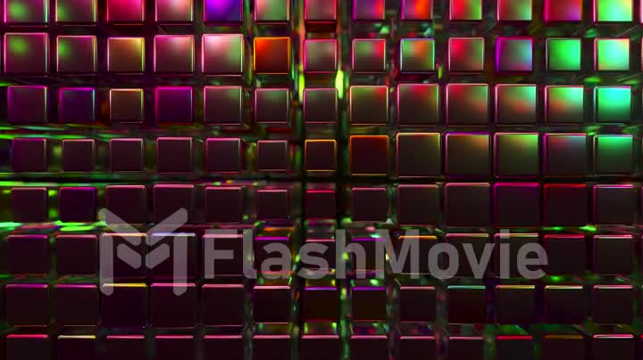 Abstract 3d render with cubes in neon light. Nice waves footage. Violet spheres moving like waves on dark background. Seamless loop animation