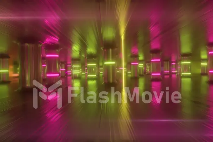 Fly through a futuristic corridor along neon glass pillars and columns. Modern ultraviolet neon glow. 3d illustration