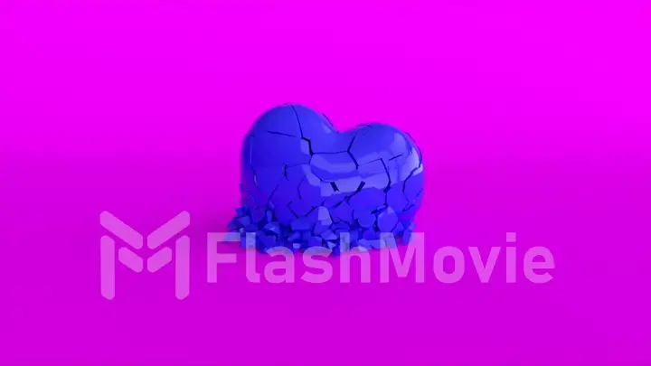 The cold blue heart shatters into smithereens on the purple surface. Broken heart concept. 3d illustration