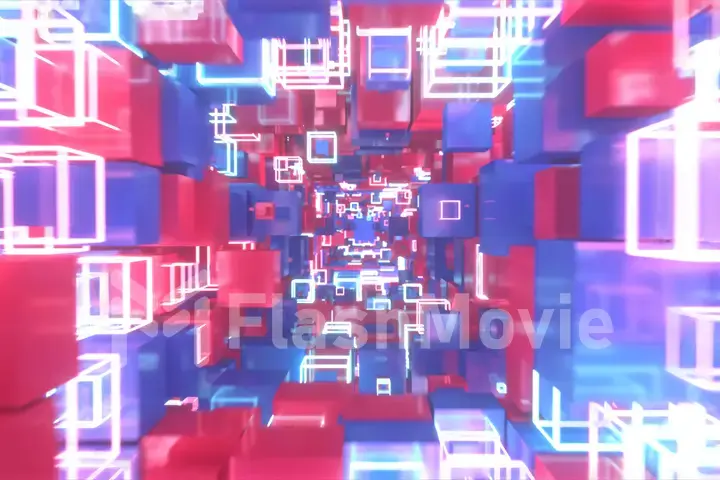 Flying in abstract motion space of colorful red and blue cubes with neon glowing cubes. 3d illustration