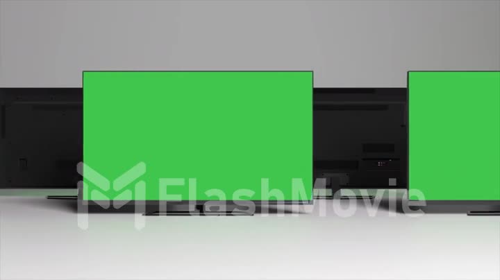 Green background. TV screens with chrome key. Infinite scroll left. Empty space to insert. 3d animation