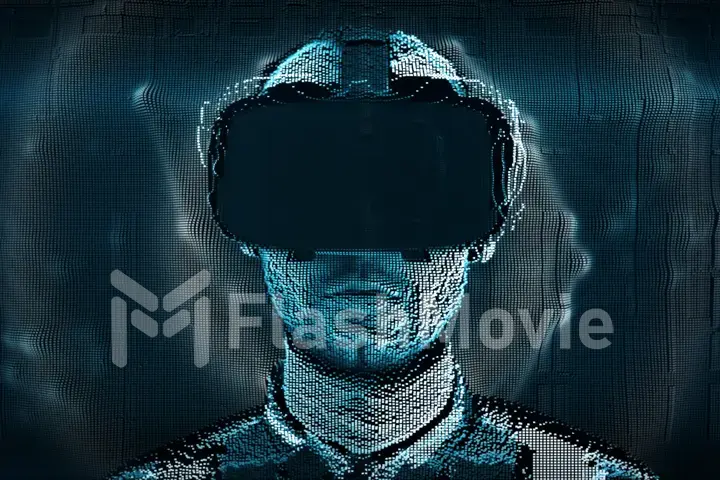 A talking hologram of a young man with digital disturbances in virtual reality glasses