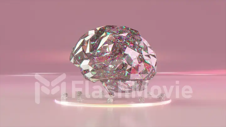 A large diamond brain stands on a platform surrounded by small brains. Polygonal. Pink background. 3d illustration
