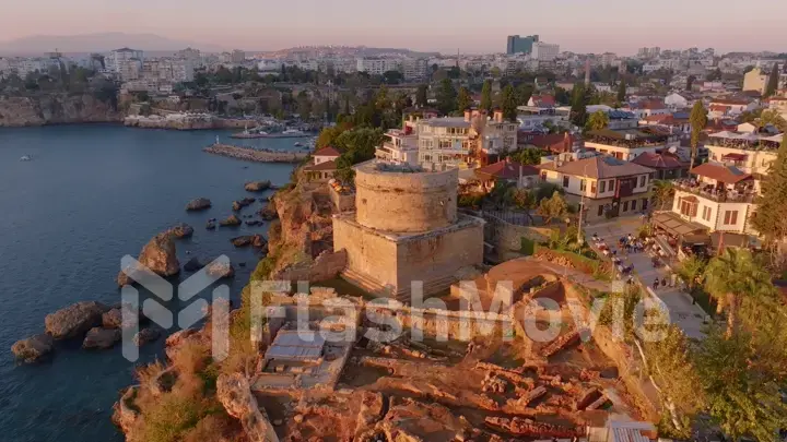 Panorama of the historic city on the seashore. Aerial drone view. Old fort. Historical monument