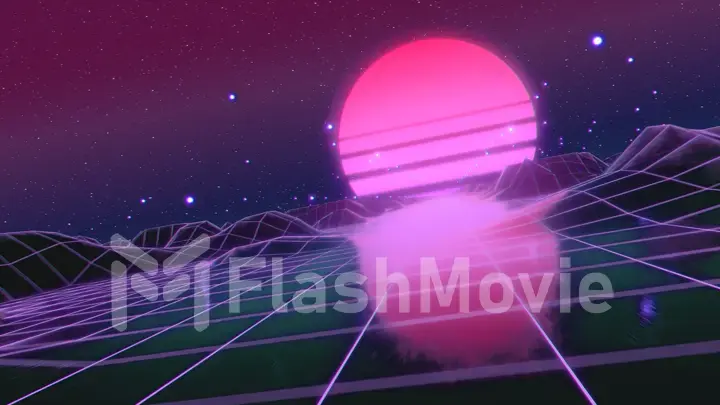 Retro futuristic flight in space with a polygonal mesh on the generated hills and floor. Concept 80s 90s. Fantastic abstract neon background. Camera tilted, Dutch corner. 3d illustration