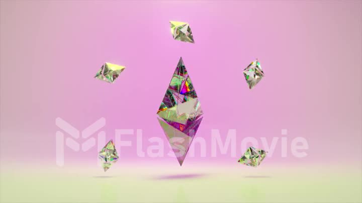 A large diamond Ethereum rotates surrounded by small Ethereums. Logo. Cryptocurrency. Pink color. 3d animation