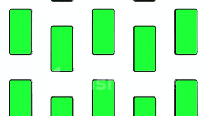 Mobile phones with blank green screen, front view, isolated on white background. A grid of phones moving up and down. 4K animation for presentation on screen layout. Seamless loop 3d render