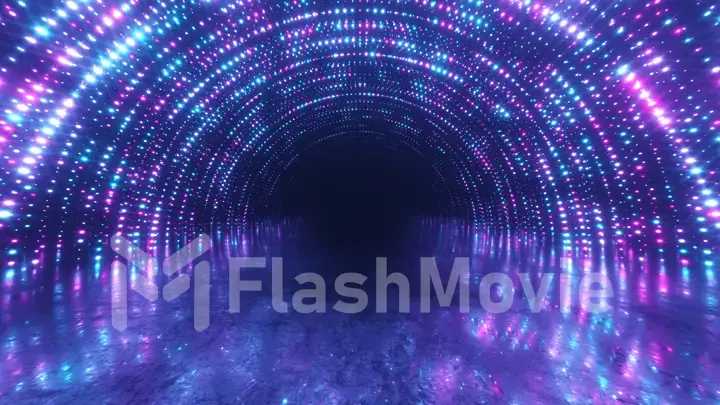 Abstrac motion background. Neon lights. Glowing dots spiral tunnel. Bright vibrant dots. laser illumination. Pink and blue colors. Reflective metal scratched texture floor. 3d illustration