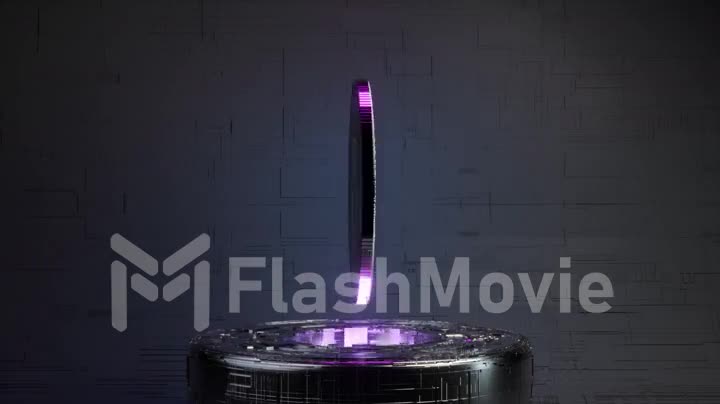 Rotating Dogecoin in a futuristic future room with neon lighting. Cryptocurrency concept. 4k animation of seamless loop