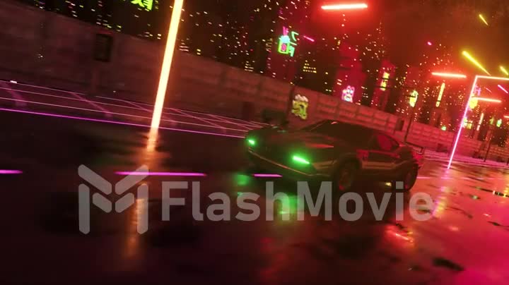 Car and city in neon style. 80s retro wave background 3d animation. Retro futuristic car drive through neon city. 3d render of seamless loop