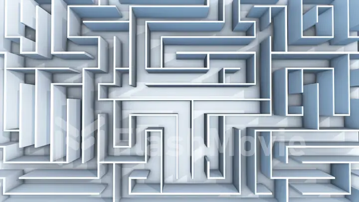 3d illustration flight over endless maze with illuminated blue walls