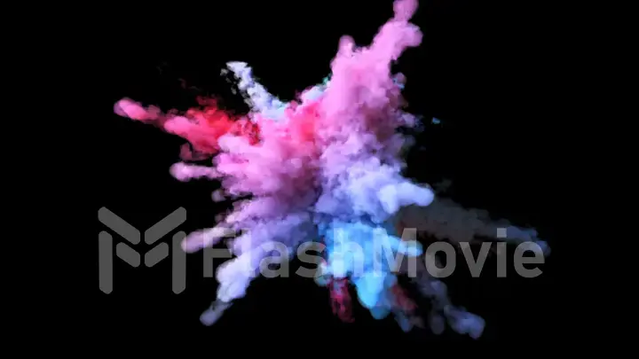 Explosion of colorful multicolored smoke and powder in slow motion against black background 3d illustration