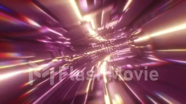 Journey through a futuristic neon tunnel. Seamless loop 3d animation. High speed ride through a colorful corridor.