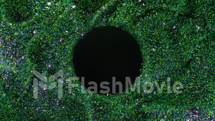 Abstract concept. Green particles move randomly around the black hole. Microalgae. Flora. Sea plants. Black circle