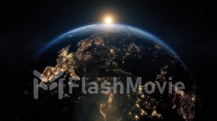 Planet earth from space. Beautiful sunrise world skyline. Planet earth rotating animation. Clip contains space, planet, galaxy, stars, cosmos, sea, earth, sunset, globe. 4k 3D Render. Images from NASA